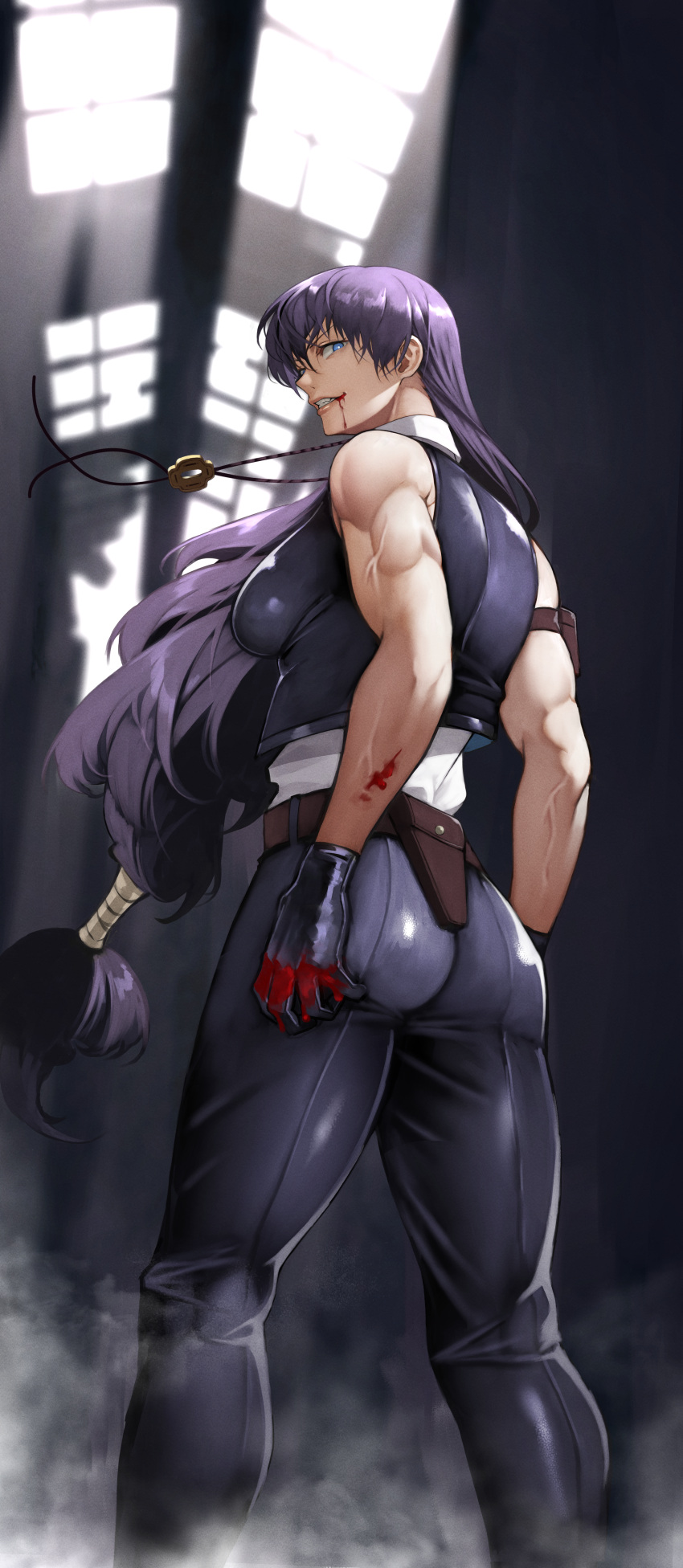 1girl absurdres ass black_lagoon blood blood_on_face blue_eyes blue_gloves blue_pants breasts clenched_teeth from_behind gloves highres huge_filesize injury jewelry lips long_hair looking_at_viewer medium_breasts muscular muscular_female pants pendant purple_hair roberta_(black_lagoon) smile solo standing teeth veins very_long_hair yoshio_(55level)