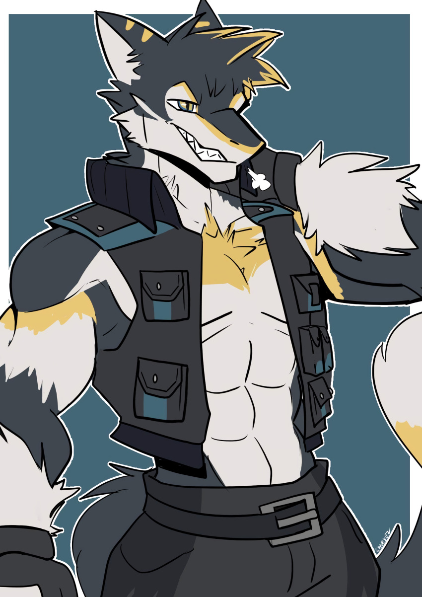 absurd_res anthro big_muscles black_body black_fur blonde_hair clothing fur gloves hair handwear hi_res long_pants male muscular solo teethshowing topwear unknown_artist vest vortiganshine white_body white_fur yellow_body yellow_eyes yellow_fur