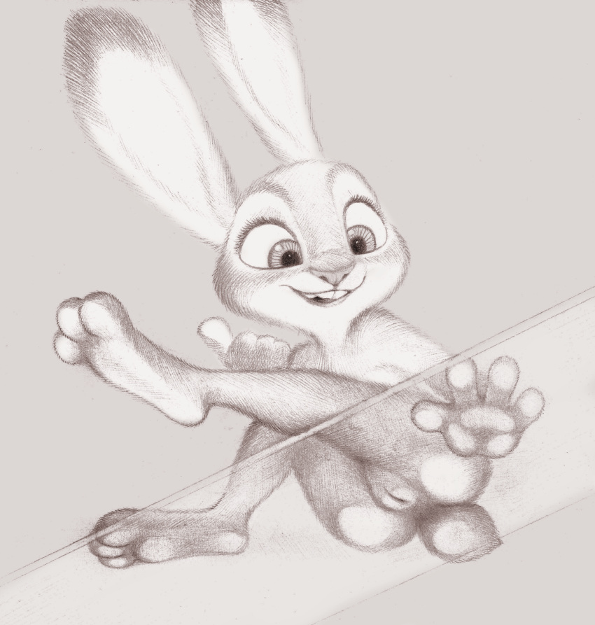 3_toes 4_fingers anthro buckteeth dipstick_ears disney feet female fingers fuchs genitals greyscale hi_res judy_hopps lagomorph leporid low-angle_view mammal monochrome multicolored_ears nude on_glass pussy rabbit scut_tail sitting sketch soles solo teeth toes traditional_media_(artwork) worm's-eye_view young zootopia