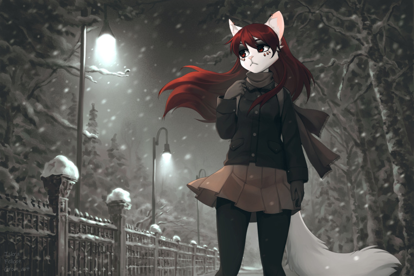 2021 anthro bottomwear breasts clothed clothing detailed_background domestic_cat felid feline felis female hair iskra mammal night outside red_eyes red_hair seelena_zorn_(iskra) skirt snow snowing solo standing