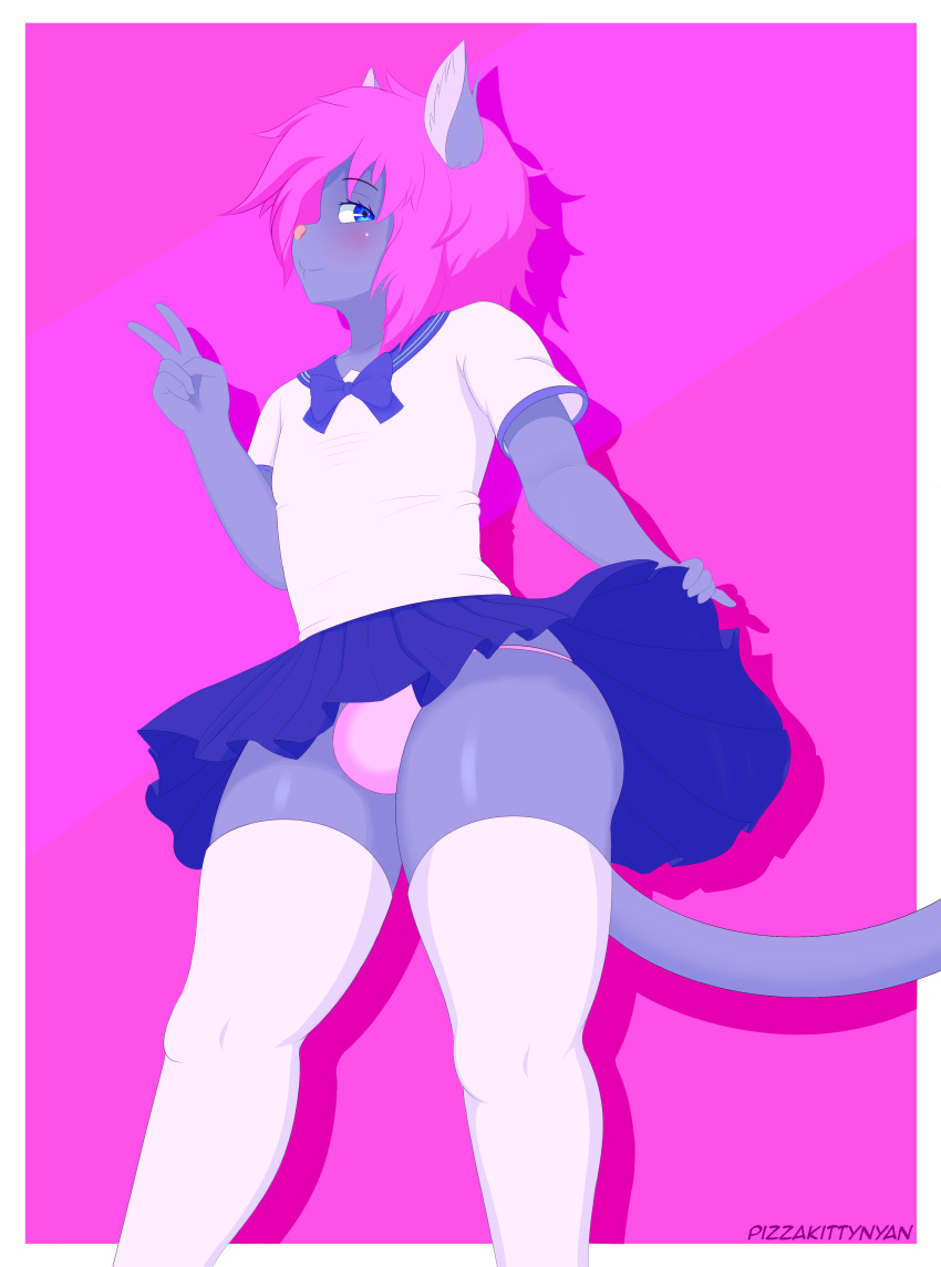 absurd_res anthro blue_eyes blush bottomwear bulge clothed clothing crossdressing domestic_cat felid feline felis girly hair hi_res legwear looking_back low-angle_view male mammal panties pink_hair pizzakittynyan sammy_darkeye school_uniform simple_background smile solo stockings thick_thighs thigh_highs underwear uniform