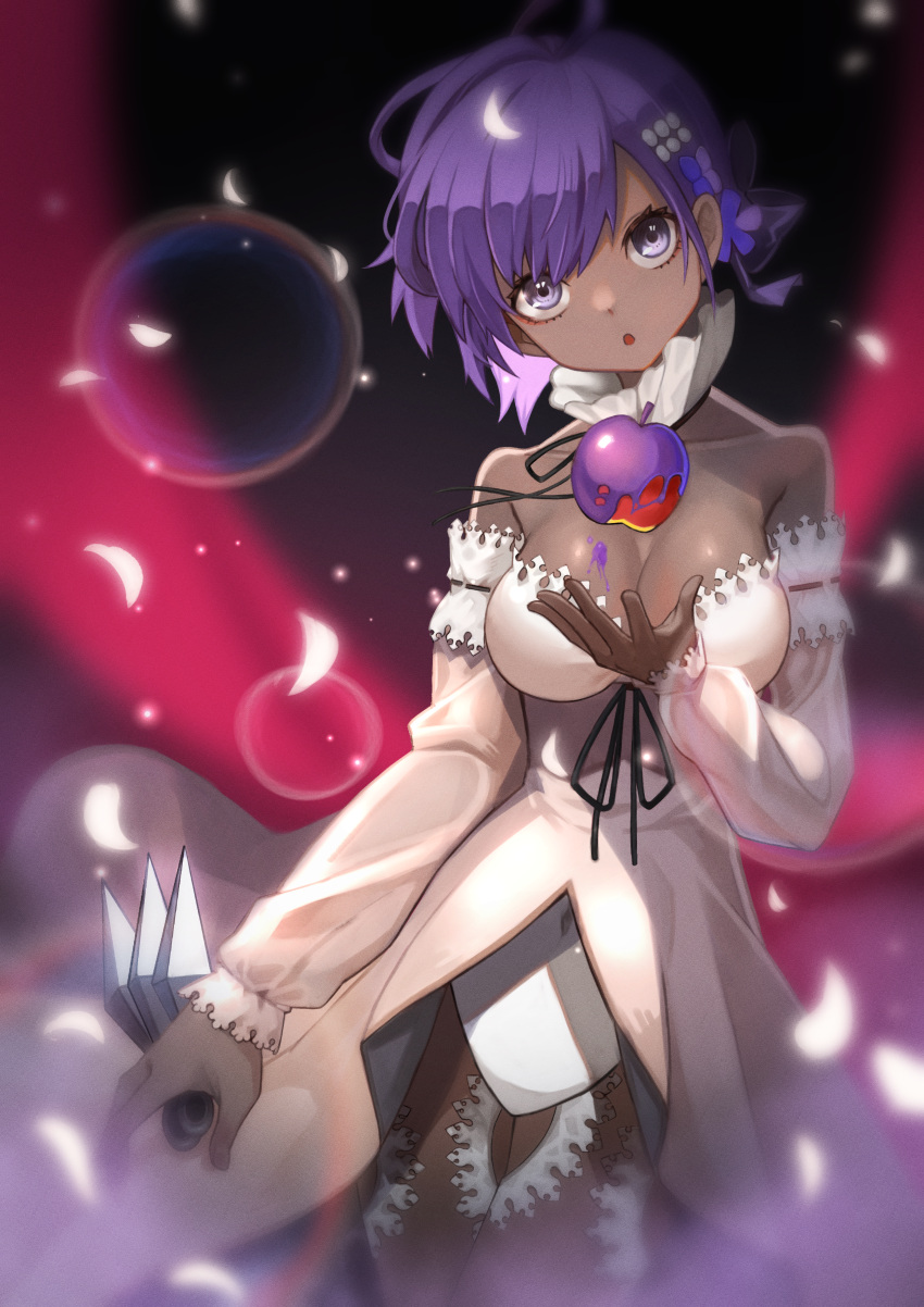 1girl :o absurdres beige_dress breasts cleavage commentary_request dark-skinned_female dark_skin detached_collar detached_sleeves fate/grand_order fate_(series) food fruit hassan_of_serenity_(fate) highres holding holding_food holding_fruit holding_knife knife large_breasts looking_at_viewer lostroom_outfit_(fate) petals poison poison_apple purple_eyes purple_hair short_hair solo throwing_knife weapon ziu