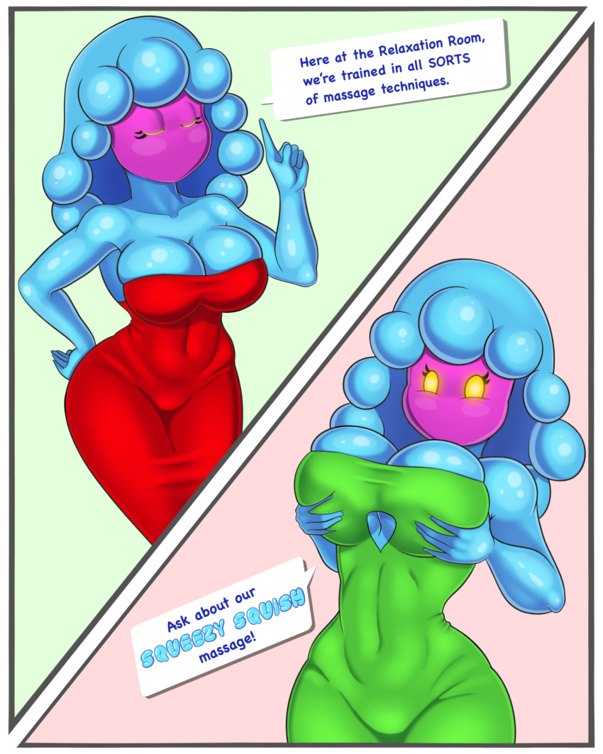 animal_humanoid breasts cleavage clothed clothing cnidarian cnidarian_humanoid dialogue duo eyes_closed female gigi_(mario) goo_creature goo_humanoid hand_on_hip hi_res holding_breast humanoid jellyfish_humanoid jellyfish_sisters marine marine_humanoid mario_and_luigi_(series) mario_bros medusozoan medusozoan_humanoid merri_(mario) nintendo sleepiitreat tight_clothing video_games