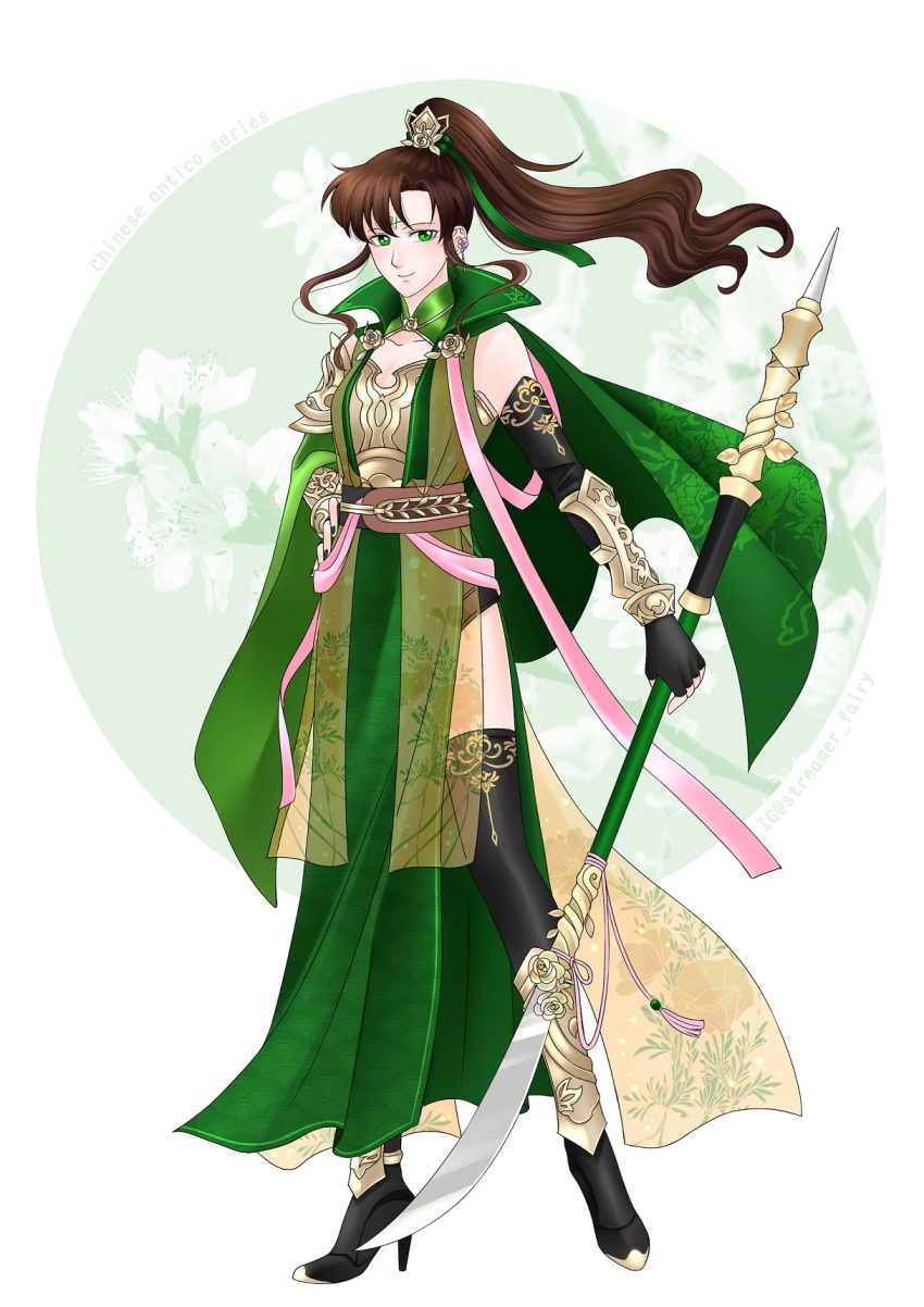 1girl androgynous armor bangs bishoujo_senshi_sailor_moon black_gloves black_legwear black_shorts breastplate brown_hair cape chinese_clothes closed_mouth collarbone fingerless_gloves floating_hair full_body gloves green_cape green_eyes green_ribbon hair_between_eyes hair_ribbon high_heels high_ponytail highres holding holding_spear holding_weapon kino_makoto koya long_hair polearm ribbon shiny shiny_hair short_shorts shorts smile solo spear standing thighhighs very_long_hair weapon white_background