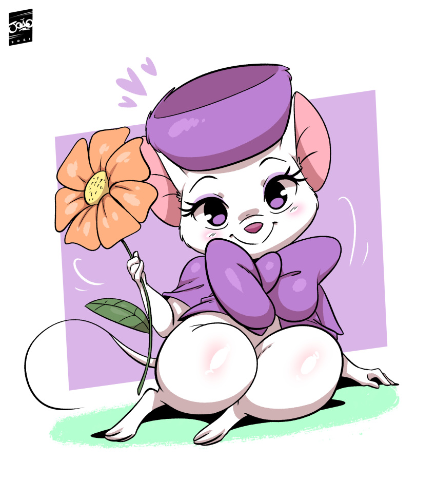 2021 3_toes 4_fingers anthro clothing digital_media_(artwork) disney don_bluth eyelashes feet female fingers flower fur hat headgear headwear hi_res holding_flower holding_object joaoppereiraus looking_at_viewer mammal miss_bianca_(the_rescuers) mouse murid murine plant purple_eyes rodent signature smile solo the_rescuers_(disney) thick_thighs toes white_body white_fur