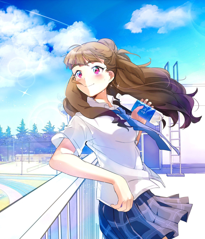 1girl bangs blue_neckwear blue_sky blunt_bangs blush bottle breasts brown_hair cloud glint hair_bun highres holding holding_bottle idolmaster idolmaster_cinderella_girls kamiya_nao leaning_on_rail lens_flare looking_back medium_breasts necktie open_collar plaid plaid_skirt pleated_skirt pocari_sweat railing red_eyes rooftop school_uniform shirt short_sleeves skirt sky smile solo sparkle standing sweat sweatdrop tennis_court thick_eyebrows track_and_field white_shirt wind zakko346