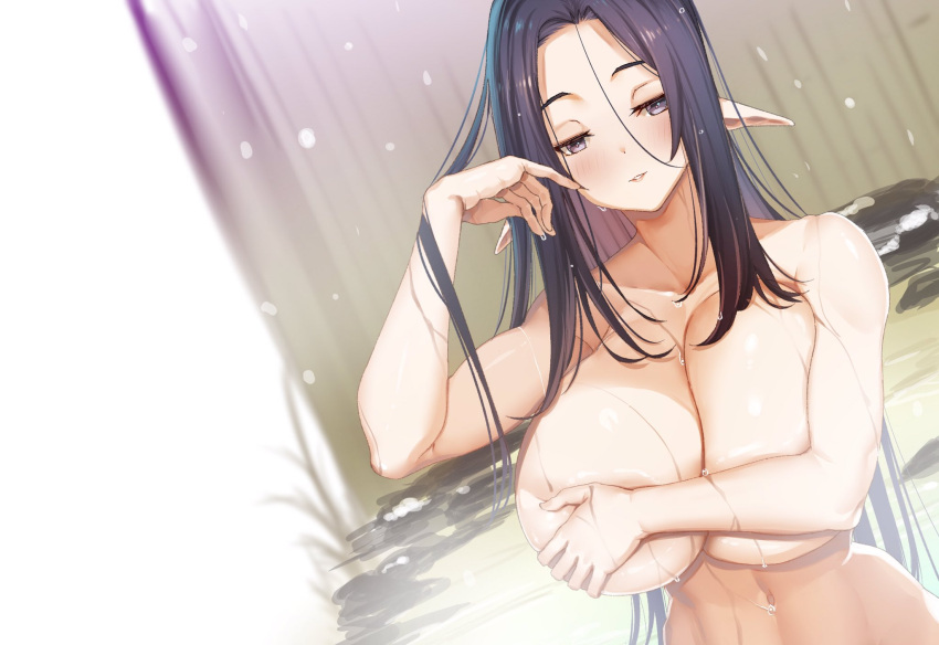 1girl blush breasts cleavage collarbone covered_nipples hair_between_eyes half-closed_eyes hand_on_breasts hand_up highres huge_breasts long_hair looking_at_viewer navel nude original parted_lips pointy_ears purple_eyes purple_hair shingo. smile solo upper_body wet