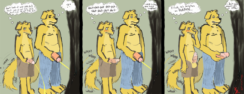 age_difference anthro balls bird_dog blush bodily_fluids bottomwear canid canine canis clothing denim denim_clothing domestic_dog drooling duo erection father father_and_child father_and_son foreskin foreskin_play fur genital_fluids genitals golden_retriever hi_res humanoid_genitalia humanoid_penis hunting_dog jeans male male/male mammal nipples outside pants parent parent_and_child peeing penis plant presenting retriever saliva shorts shy simple_background sketch smile son spruceloops standing tailwag text thought_bubble tree tugging_foreskin uncut urine watersports