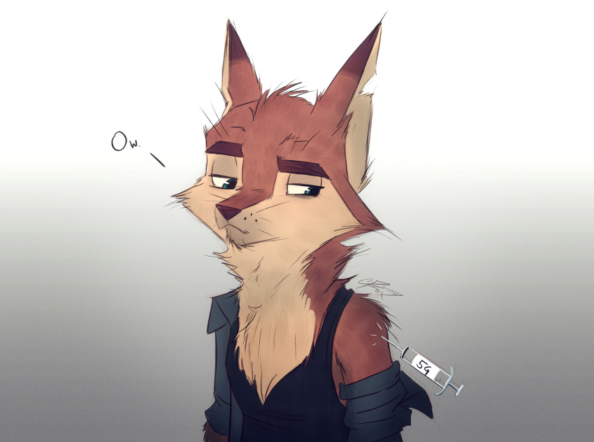 2021 absurd_res anthro canid canine chest_tuft clothed clothing fox fur gradient_background hi_res male mammal notched_ear pointedfox shirt simple_background solo tank_top topwear tuft