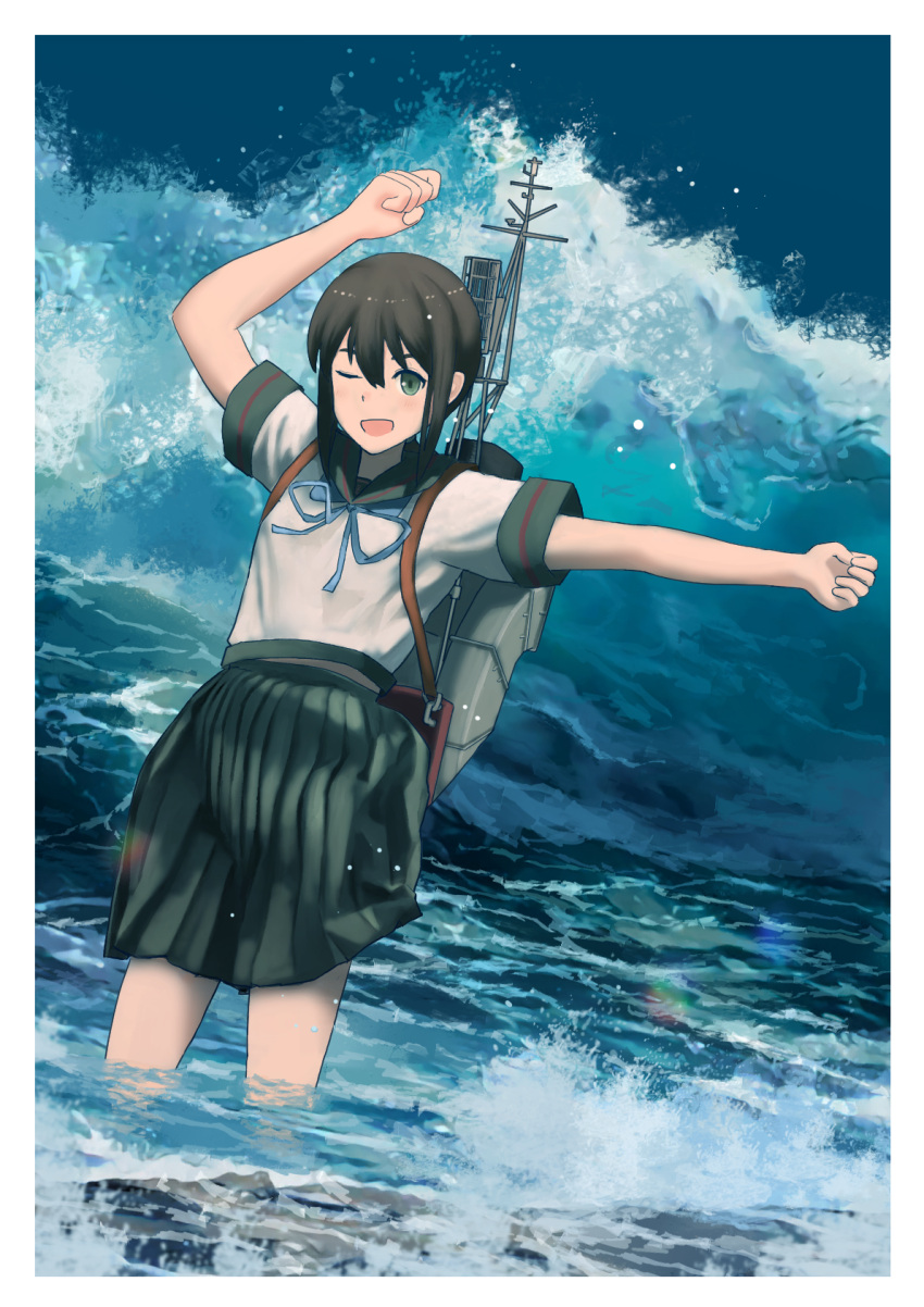 1girl black_hair black_sailor_collar black_skirt fubuki_(kancolle) green_eyes highres kantai_collection machinery ocean one_eye_closed open_mouth pleated_skirt remodel_(kantai_collection) rigging sailor_collar school_uniform serafuku short_hair short_ponytail short_sleeves skirt smile smokestack solo timmyyen