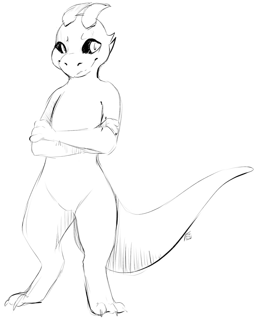 anthro black_eyes crossed_arms digitigrade featureless_crotch hi_res honeyfox horn kobold looking_at_viewer male nude reptile scalie side_b sketch solo standing