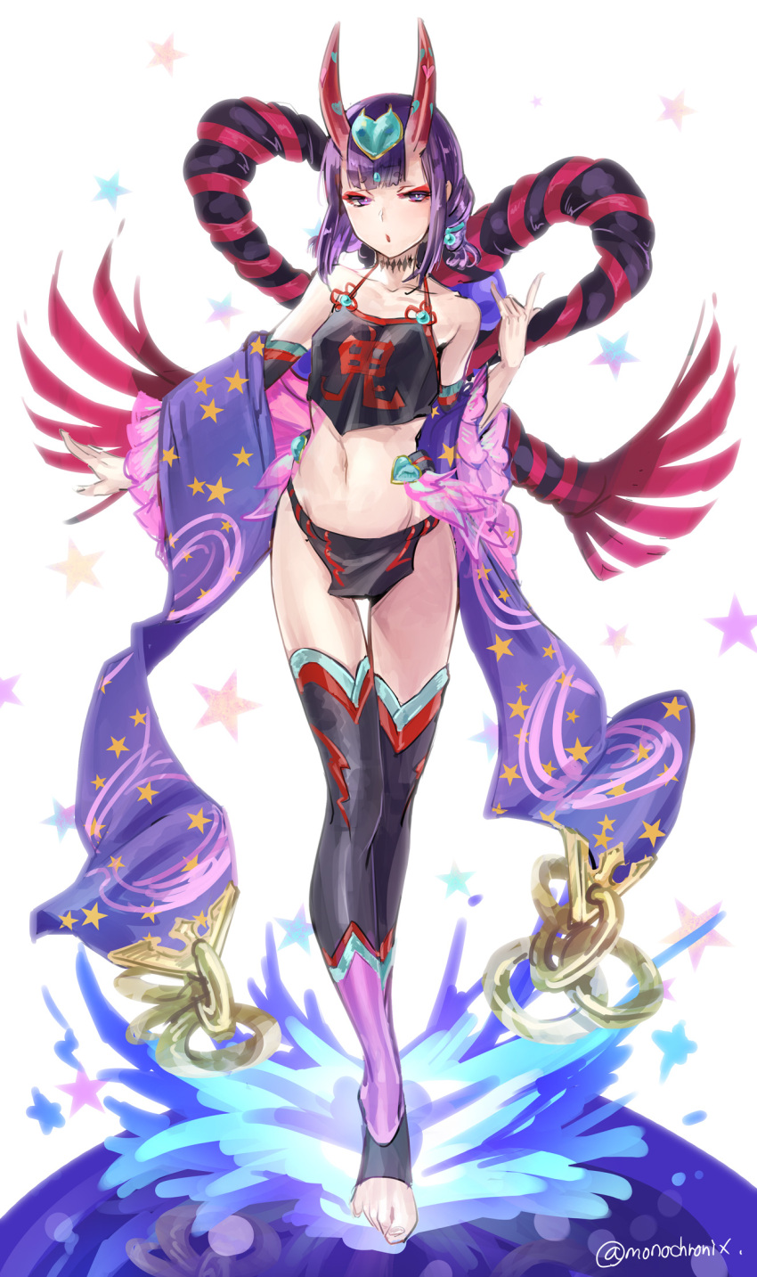 1girl bare_shoulders black_legwear collarbone fate/grand_order fate_(series) full_body groin hair_ornament highres horns looking_at_viewer makeup mascara midriff navel null_(chronix) oni_horns open_mouth purple_eyes purple_hair shiny shiny_hair short_hair shuten_douji_(fate) shuten_douji_(halloween_caster)_(fate) skin-covered_horns solo standing stomach thigh_gap thighhighs twitter_username white_background