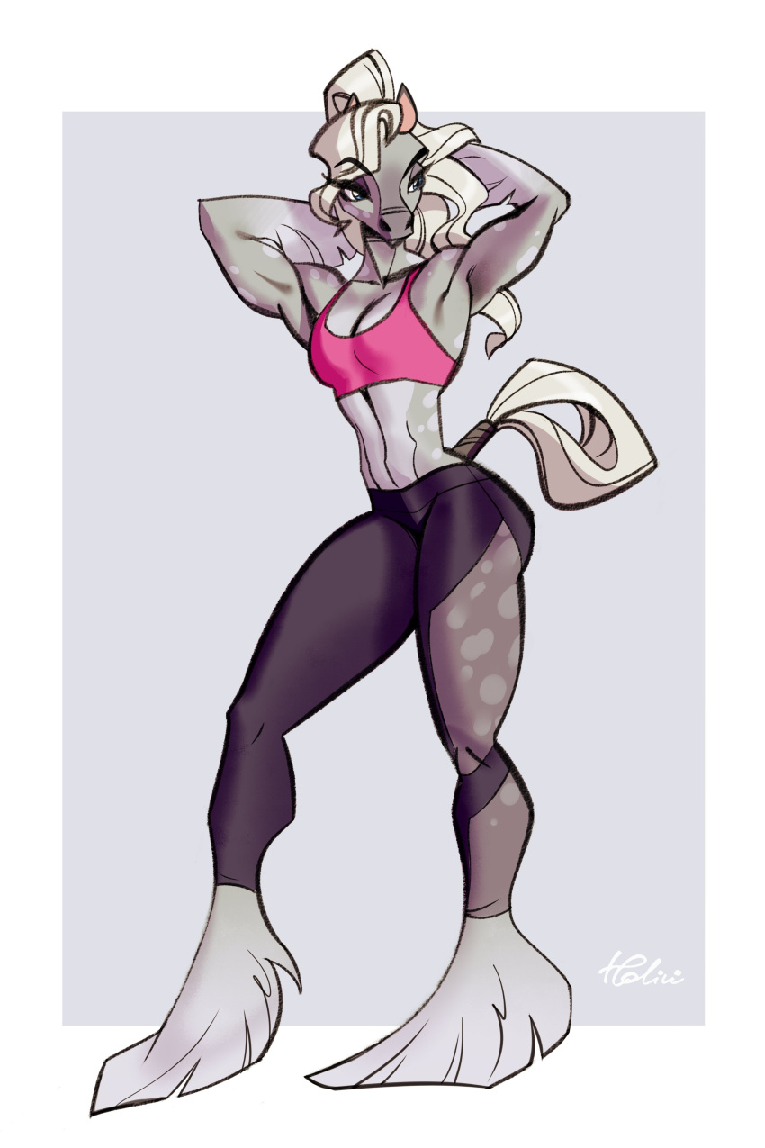 absurd_res anthro blue_eyes breasts cleavage clothed clothing equid equine female hair hi_res holivi horse mammal muscular muscular_anthro muscular_female pose solo tail_wraps white_hair wraps yoga_pants