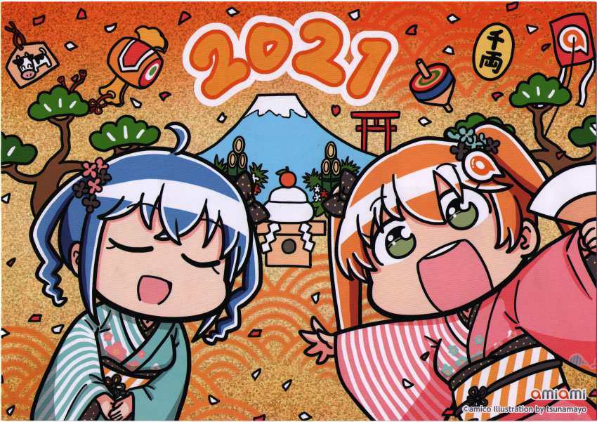 2021 :d amiami_(company) amico aqua_kimono artist_name blue_hair bow character_name charm_(object) check_translation cherry_blossoms chinese_zodiac closed_eyes color_halftone color_issue confetti copyright cow curly_hair english_text fan flower food fruit green_eyes hair_bow hair_flower hair_ornament hands_together highres huge_filesize japanese_clothes kadomatsu kagami_mochi kimono kite kite_string leaf lilco logo logo_hair_ornament looking_at_viewer mandarin_orange mochi mount_fuji new_year obi object_request omamori open_mouth paper_fan petals pink_hair pink_kimono postcard_(medium) sash scan self_scan shrine smile spinning_top striped striped_kimono torii translation_request tsunamayo twintails year_of_the_ox