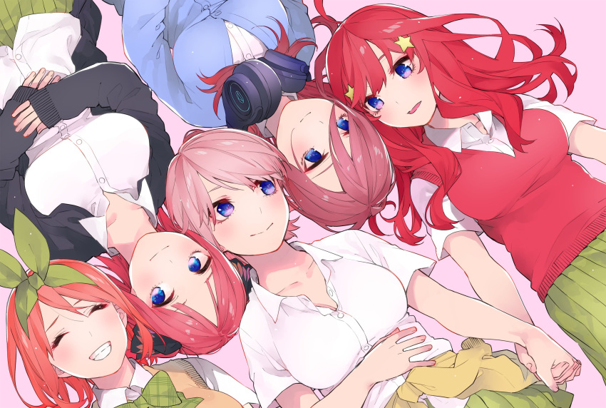 5girls :&gt; ^_^ ahoge bangs black_cardigan black_ribbon blue_cardigan blue_eyes blunt_bangs bow bowtie breasts brown_hair butterfly_hair_ornament cardigan cardigan_around_waist cleavage closed_eyes closed_mouth clothes_around_waist collarbone collared_shirt commentary_request eyebrows_behind_hair go-toubun_no_hanayome green_bow green_hairband green_skirt grin hair_between_eyes hair_ornament hair_ribbon hairband hand_on_own_stomach haruba_negi headphones headphones_around_neck highres large_breasts light_purple_hair long_hair long_sleeves looking_at_another lying medium_hair multiple_girls nakano_ichika nakano_itsuki nakano_miku nakano_nino nakano_yotsuba official_art on_back open_cardigan open_clothes orange_hair parted_lips partially_unbuttoned pink_background pink_hair plaid plaid_bow pleated_skirt quintuplets red_hair red_vest ribbon shirt short_sleeves siblings sidelocks sisters skirt sleeves_past_wrists smile star_(symbol) star_hair_ornament sweater sweater_vest two_side_up upper_body vest white_shirt yellow_cardigan