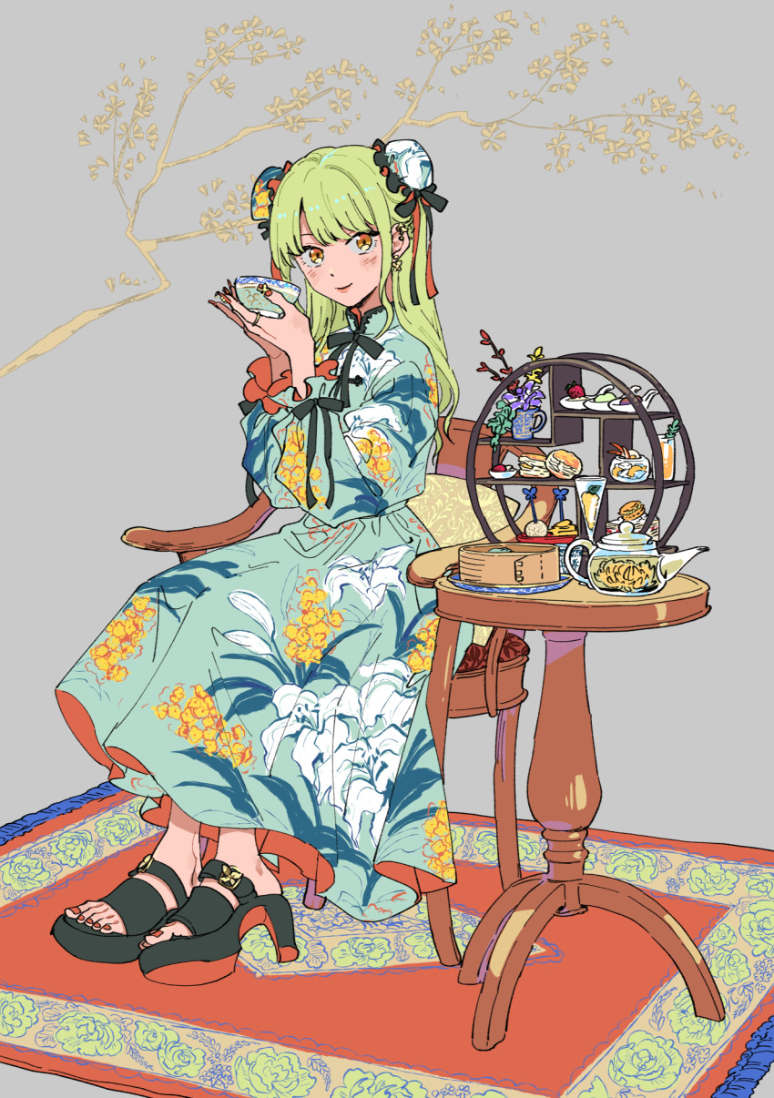 1girl carpet chair chinese_clothes chizu_(mikankanntenn) cup dress floral_print flower food green_eyes grey_background highres holding holding_cup light_smile long_dress long_sleeves looking_at_viewer original platform_footwear platform_heels side_bun simple_background sitting sweets teapot tree trinkets wooden_table yellow_eyes