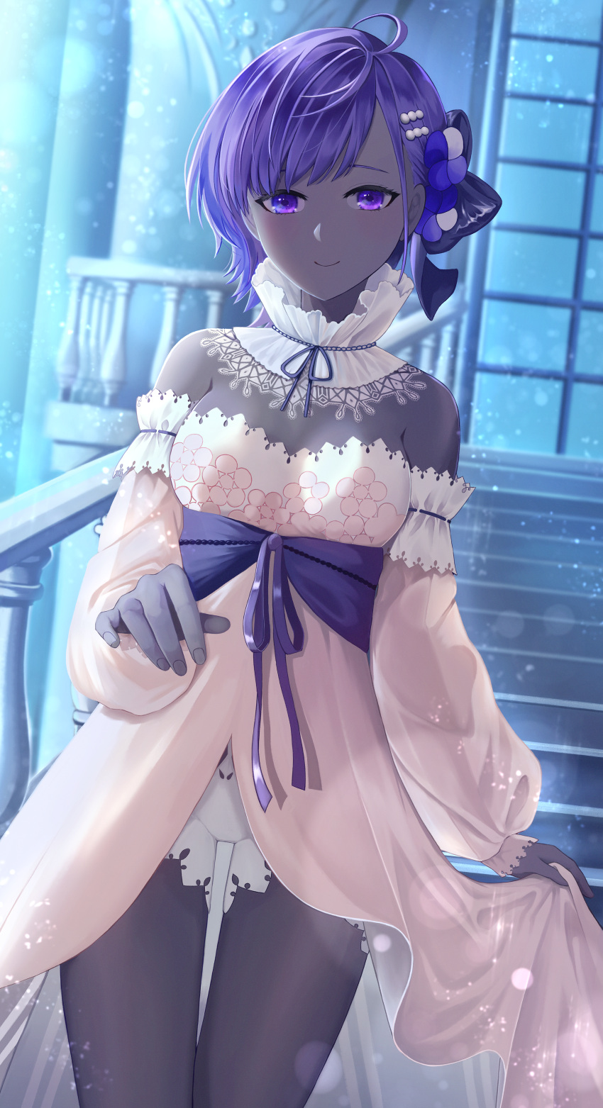 1girl absurdres bangs bare_shoulders blush breasts dark_skin dark_skinned_female dress fate/grand_order fate/prototype fate/prototype:_fragments_of_blue_and_silver fate_(series) hair_ornament hassan_of_serenity_(fate) highres huge_filesize looking_at_viewer lostroom_outfit_(fate) medium_breasts purple_eyes purple_hair short_hair sidelocks smile thighs tobi_(pixiv41237754) white_dress