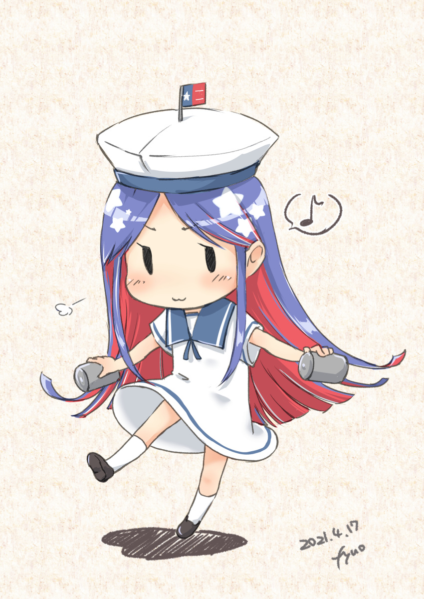 1girl absurdres artist_name blue_hair blue_sailor_collar chibi cosplay dated depth_charge dress eighth_note fairy_(kancolle) flag full_body fyuo hat hiburi_(kancolle) hiburi_(kancolle)_(cosplay) highres kantai_collection long_hair multicolored_hair musical_note red_hair sailor_collar sailor_dress sailor_hat short_sleeves solo south_dakota_(kancolle) spoken_musical_note standing star_(symbol) white_dress white_hair white_headwear