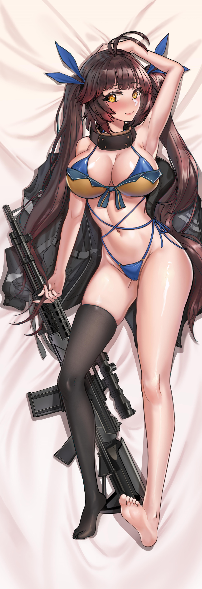 1girl absurdres antenna_hair ask---dududu battle_rifle blush breasts brown_hair dakimakura_(medium) girls_frontline gun highres incredibly_absurdres large_breasts long_hair m14 m14_(girls_frontline) rifle solo twintails very_long_hair weapon