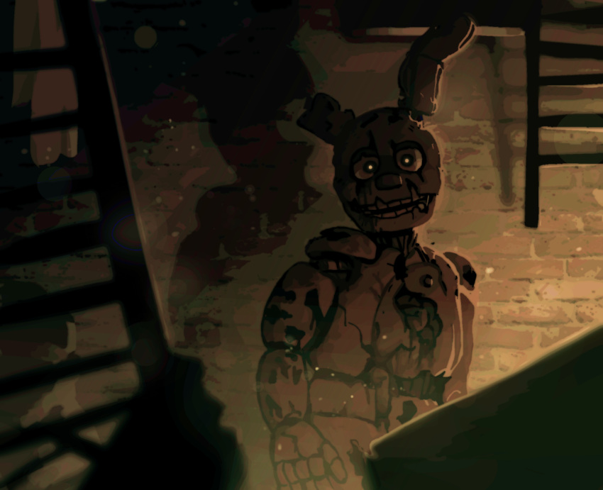 2021 5_fingers alternate_color animatronic anthro black_eyes button_(fastener) digital_drawing_(artwork) digital_media_(artwork) fingers five_nights_at_freddy's five_nights_at_freddy's_3 ladder lagomorph leporid looking_at_viewer machine male mammal open_mouth rabbit robot skylordlysander solo springtrap_(fnaf) tagme tan_body video_games