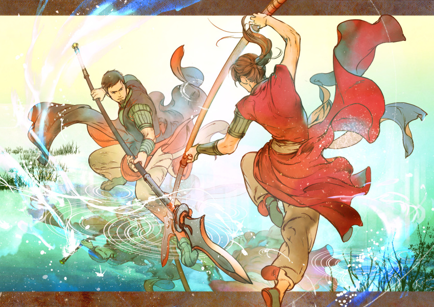 1boy 1girl absurdres akakokko_(niro_azarashi) balsa brown_hair facial_hair goatee highres holding holding_spear holding_weapon jiguro_musa long_hair motion_blur polearm reflection ripples seirei_no_moribito short_sleeves spear weapon