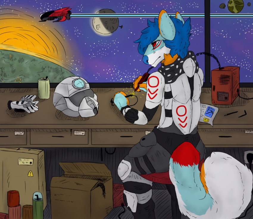 anthro arctic_wolf armor canid canine canis clothing falcon_woodwere fixing gloves grapple handwear headgear helmet looking_out_window male mammal okytheoky solo space spacecraft titanfall_2 vehicle wolf working