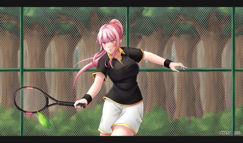 akkanen alternate_costume alternate_hairstyle chain-link_fence death-sensei_(mori_calliope) earrings eyebrows_visible_through_hair fence highres holding holding_racket hololive hololive_english jewelry mori_calliope pink_hair ponytail racket sport sportswear takanashi_kiara tennis tennis_court tennis_racket tennis_uniform two-tone_shirt virtual_youtuber wristband