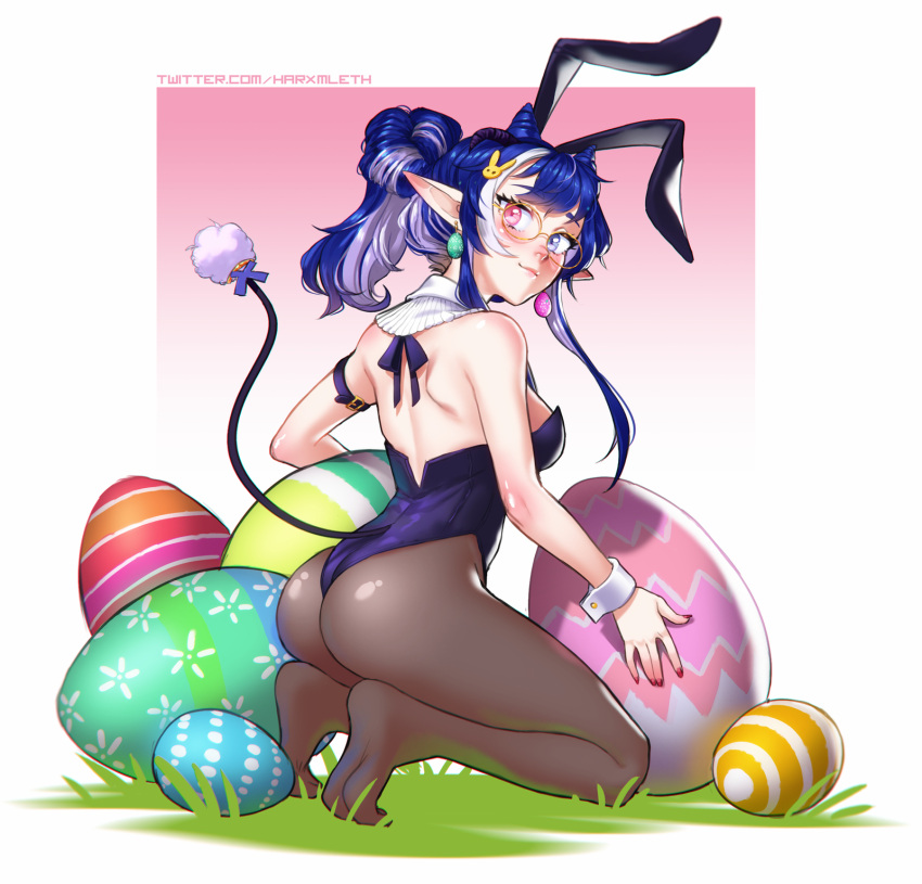 1girl ass back black_leotard blue_eyes blue_hair blush borrowed_character breasts bunny_hair_ornament commentary detached_collar earrings easter easter_egg egg egg_earrings elf english_commentary fingernails full_body glasses grey_legwear hair_horns hair_ornament heterochromia highleg highleg_leotard highres indie_virtual_youtuber jewelry kneeling leotard long_hair looking_at_viewer looking_back mathias_leth medium_breasts moon_(anntan) multicolored_hair nail_polish no_shoes nose_blush pantyhose playboy_bunny pointy_ears ponytail purple_hair red_eyes red_nails soles strapless strapless_leotard tail tail_through_clothes turning_head two-tone_hair virtual_youtuber wrist_cuffs yellow-framed_eyewear