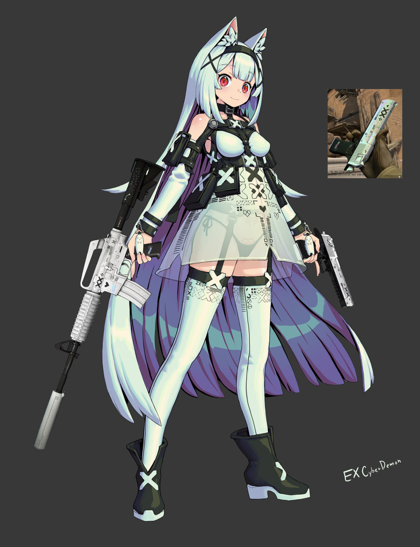 1girl animal_ears assault_rifle belt_pouch black_background black_footwear black_panties breasts choker closed_mouth counter_strike:_global_offensive desert_eagle dress full_body garter_belt garter_straps gun hairband handgun highres holding holding_weapon long_hair looking_at_viewer m4_carbine mcrc_science medium_breasts original panties pouch pubic_tattoo red_eyes reference_photo rifle see-through shoes short_dress side-tie_panties signature simple_background smile solo suppressor tattoo thighhighs underwear very_long_hair weapon white_dress white_hair white_legwear