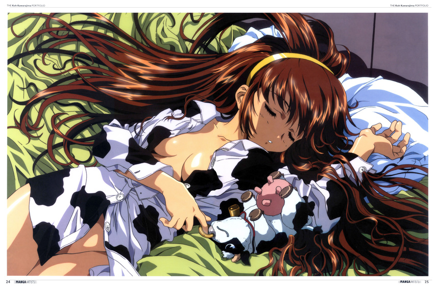 absurdres battle_athletes bed blush bottomless breasts brown_hair cow eyes_closed hairband highres kanzaki_akari kawarajima_kou long_hair lying no_bra no_panties open_clothes open_shirt pillow scan shirt sleeping stuffed_animal stuffed_toy wallpaper widescreen