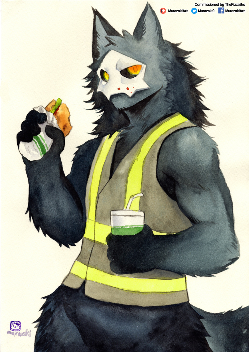 absurd_res anthro biped bottomless clothed clothing eating featureless_crotch food fur hi_res holding_object looking_at_viewer male mammal murazaki muscular muscular_anthro muscular_male painting_(artwork) sandwich_(food) simple_background solo topwear traditional_media_(artwork) unknown_species vest watercolor_(artwork)