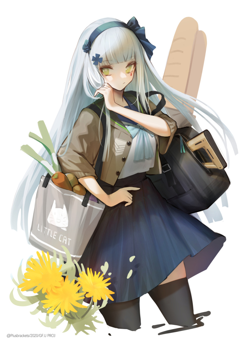 +)_(liu997139467) 1girl assault_rifle bag bangs black_legwear blue_hair blue_ribbon blue_skirt bow bowtie brown_jacket closed_mouth eyebrows_visible_through_hair flower food girls_frontline green_eyes gun h&amp;k_hk416 hair_ribbon hairband highres hk416_(girls_frontline) holding holding_bag jacket long_hair looking_at_viewer open_clothes open_jacket ribbon rifle school_uniform skirt solo thighhighs weapon weapon_bag white_background