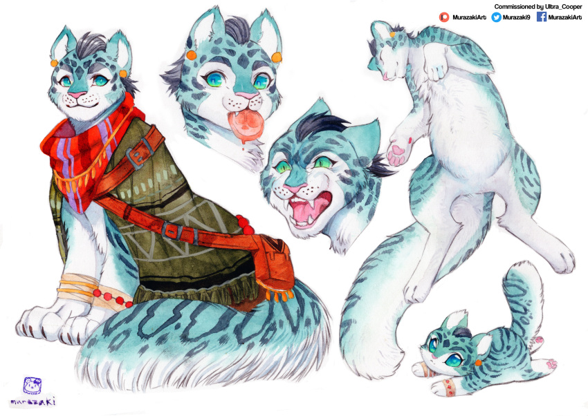 absurd_res ambiguous_gender bracelet chibi clothed clothing ear_piercing english_text eyes_closed felid feral fluffy fluffy_tail fur hair hi_res jewelry looking_at_viewer lying mammal murazaki nude on_back open_mouth painting_(artwork) pantherine pawpads paws piercing quadruped simple_background smile solo text tongue tongue_out traditional_media_(artwork) watercolor_(artwork) white_background