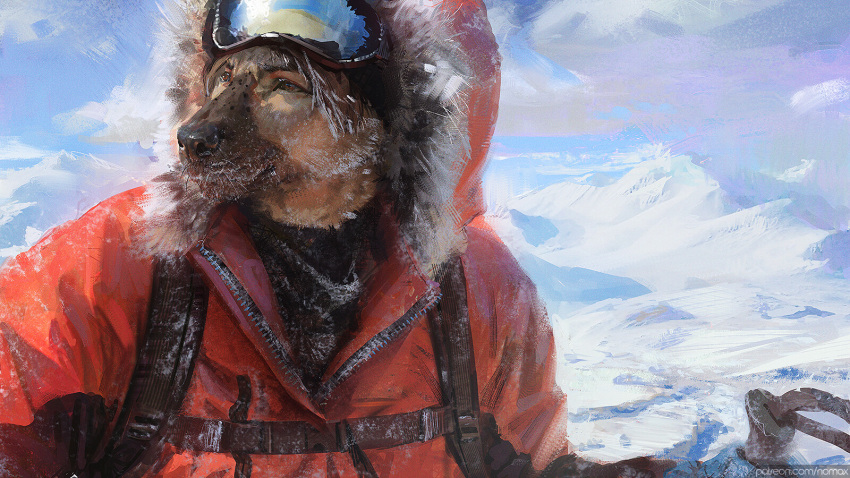 16:9 2020 anthro arctic black_nose brown_body brown_eyes brown_fur canid canine canis clothed clothing cloud day detailed_background digital_media_(artwork) domestic_dog eyebrows eyewear fur german_shepherd goggles goggles_on_head herding_dog hi_res hood ice jacket male mammal mountain nomax outside pastoral_dog sky snow solo tan_body tan_fur text topwear url whiskers widescreen