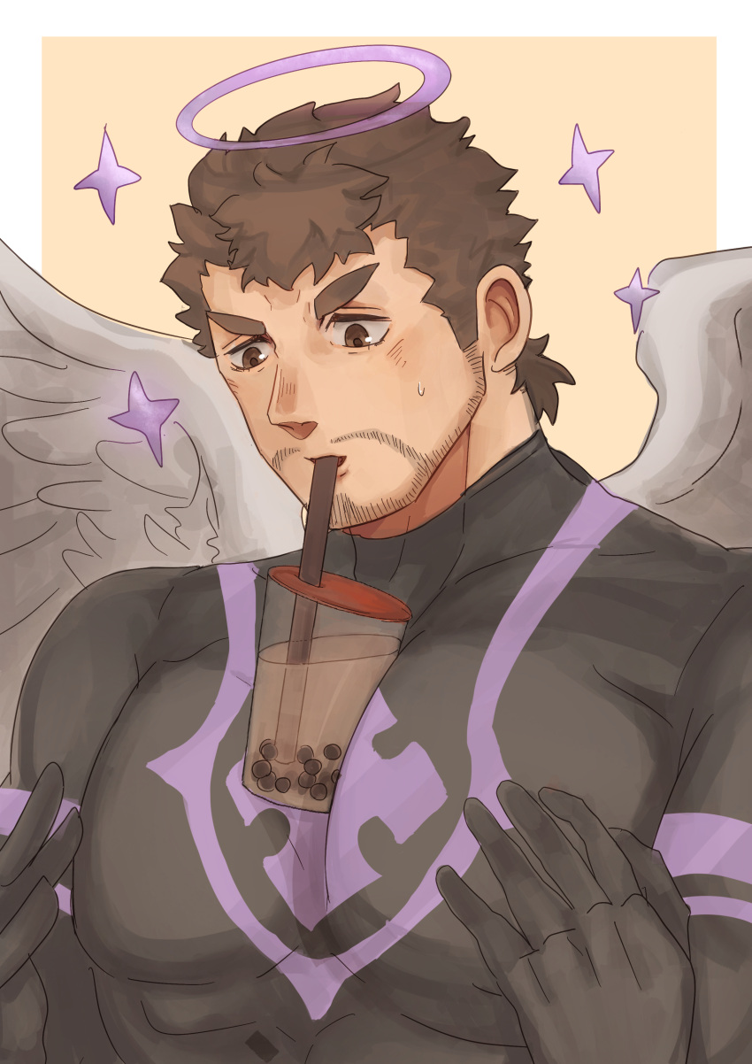 1boy absurdres angel angel_wings bara beard black_bodysuit blush bodysuit brown_hair bubble_tea bubble_tea_challenge covered_abs cup disposable_cup drinking_straw facial_hair feathered_wings grabbing halo highres large_pectorals male_focus matcha_modoki_(mutou_444) mature_male meme muscular muscular_male nether_angel_(tokyo_houkago_summoners) object_on_pectorals pectoral_grab pectorals self_fondle short_hair sideburns simple_background skin_tight solo stubble tokyo_houkago_summoners upper_body wings