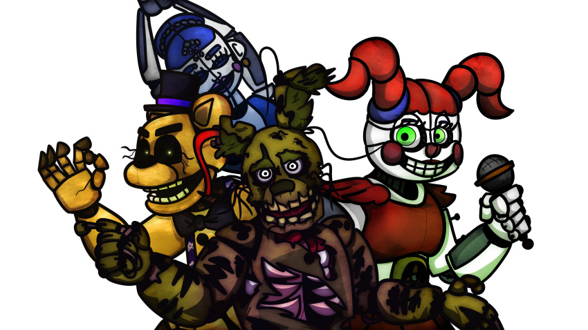 5_fingers absurd_res alpha_channel animatronic ballerina ballet ballora_(fnafsl) bendu blue_clothing blue_hair bottomwear bow_tie circus_baby_(fnaf) clothing clown_makeup eyelashes female fingers five_nights_at_freddy's five_nights_at_freddy's_3 fur golden_freddy_(fnaf) green_body green_eyes green_fur group hair hi_res humanoid lagomorph leporid machine male mammal metallic_body microphone pigtails rabbit red_bottomwear red_cheeks red_clothing red_hair red_skirt ribs robot sister_location skirt springtrap_(fnaf) teeth ursid video_games white_body white_eyes wire withered yellow_body yellow_fur