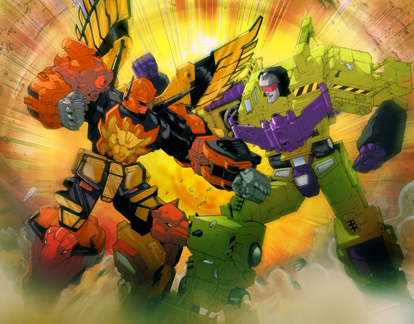 2boys andrew_griffith clenched_hands decepticon devastator_(transformers) dust fighting mecha motion_blur multiple_boys no_humans open_mouth predaking science_fiction super_robot transformers visor