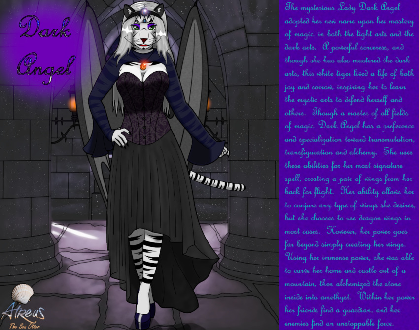 anthro atreustheseaotter backstory biography breasts candle candlelight castle character_name claws cleavage clothed clothing corset corset_dress crossed_legs crown curvy_figure dark_angel_(atso) dragon_wings dress english_text felid female filigree goth green_eyes hourglass_figure jewelry lingerie magic_user mammal necklace night pantherine pinup_pose pumps rock solo sparkles stripes text tiger topwear wings