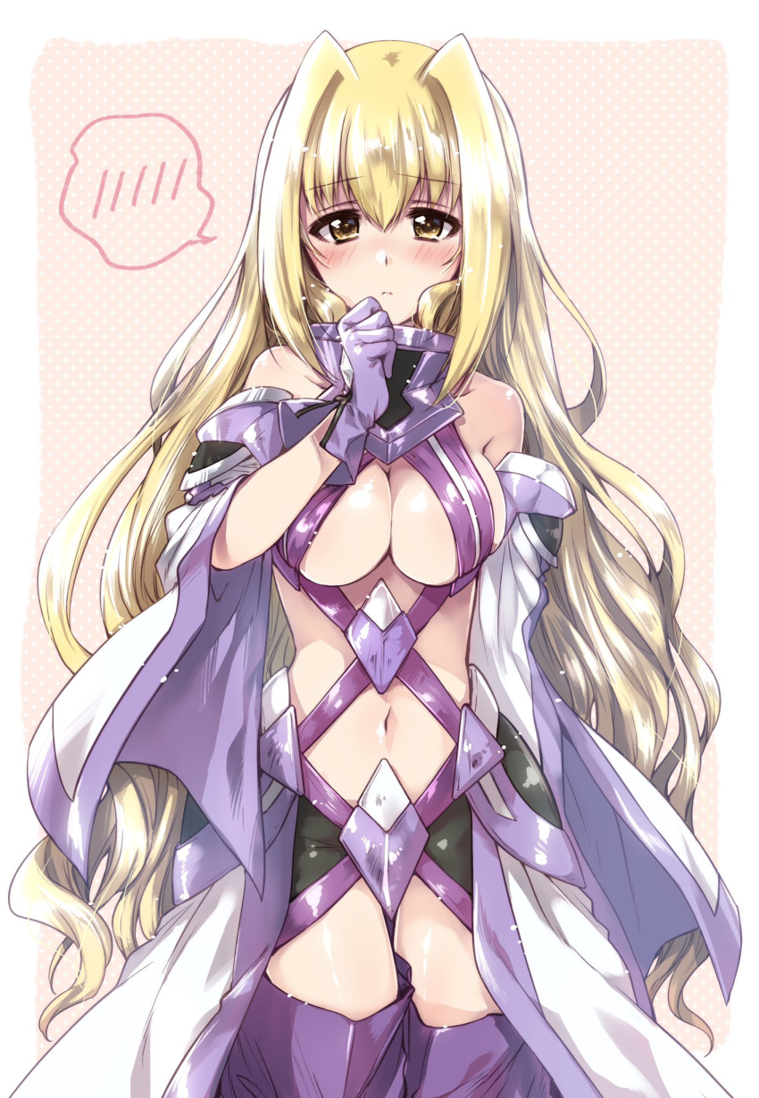 1girl bangs blonde_hair blush boots breasts capelet cleavage cleavage_cutout closed_mouth clothing_cutout commentary_request eyebrows_visible_through_hair gloves hair_intakes highres kuroi_mimei large_breasts light_frown long_hair looking_at_viewer lyrical_nanoha magical_girl mahou_shoujo_lyrical_nanoha mahou_shoujo_lyrical_nanoha_a's mahou_shoujo_lyrical_nanoha_a's_portable:_the_gears_of_destiny navel navel_cutout overskirt pink_background polka_dot polka_dot_background purple_footwear purple_gloves solo spoken_blush standing thigh_boots thighhighs u-d very_long_hair white_capelet yellow_eyes