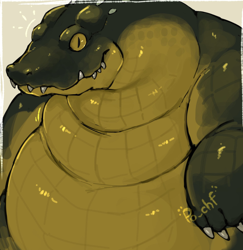 alligator alligatorid anthro belly big_belly claws crocodilian green_body green_scales hi_res male morbidly_obese morbidly_obese_anthro morbidly_obese_male obese obese_anthro obese_male overweight overweight_anthro overweight_male po_chf pupils reptile scales scalie slit_pupils smile solo teeth