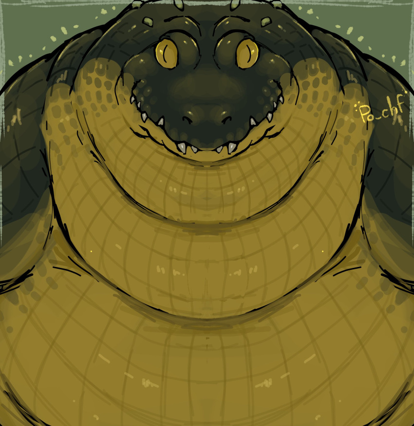 alligator alligatorid anthro belly big_belly crocodilian dewlap_(anatomy) double_chin green_body green_scales hi_res male morbidly_obese morbidly_obese_anthro morbidly_obese_male obese obese_anthro obese_male overweight overweight_anthro overweight_male po_chf pupils reptile scales scalie slit_pupils smile solo teeth