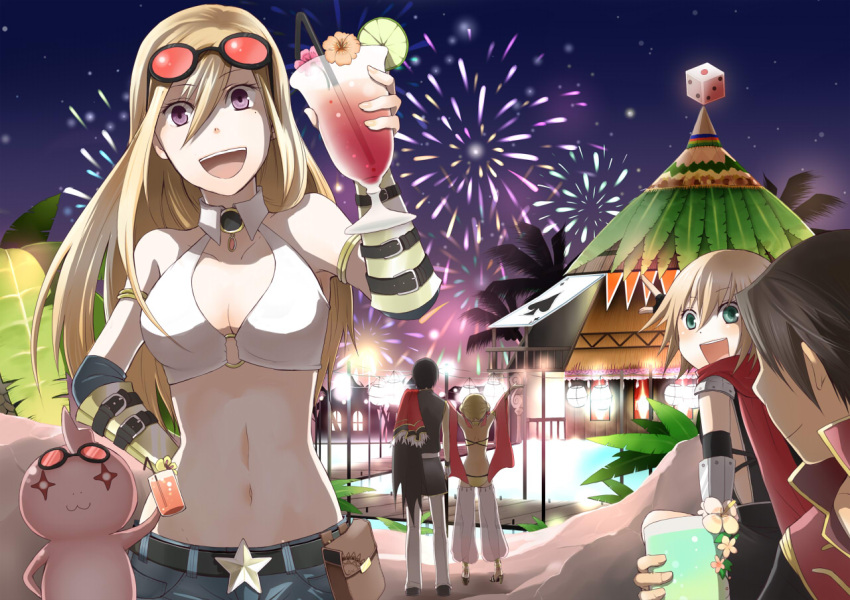 2boys 3girls aerial_fireworks armor assassin_cross_(ragnarok_online) bangs bikini black_cape black_coat black_footwear black_gloves black_hair black_shirt blonde_hair blue_shorts blush breasts brown_hair cape capelet cleavage closed_mouth coat cocktail commentary_request crop_top cup detached_sleeves dice double_bun elbow_gloves eyebrows_visible_through_hair fingerless_gloves fireworks full_body fur-trimmed_capelet fur_trim gauntlets gloves green_eyes gypsy_(ragnarok_online) high_wizard_(ragnarok_online) holding holding_cup lantern long_hair long_sleeves looking_at_viewer medium_breasts midriff multiple_boys multiple_girls navel negi_mugiya o-ring o-ring_top open_mouth pants paper_lantern pauldrons pier priest_(ragnarok_online) purple_eyes ragnarok_online red_capelet red_coat red_scarf red_sleeves scarf shirt shoes short_hair shorts shoulder_armor sky sleeveless sleeveless_shirt small_breasts smile star_(sky) starry_sky strapless strapless_bikini swimsuit thara_frog two-tone_coat upper_body waist_cape white_gloves white_pants white_shirt whitesmith_(ragnarok_online) yellow_bikini