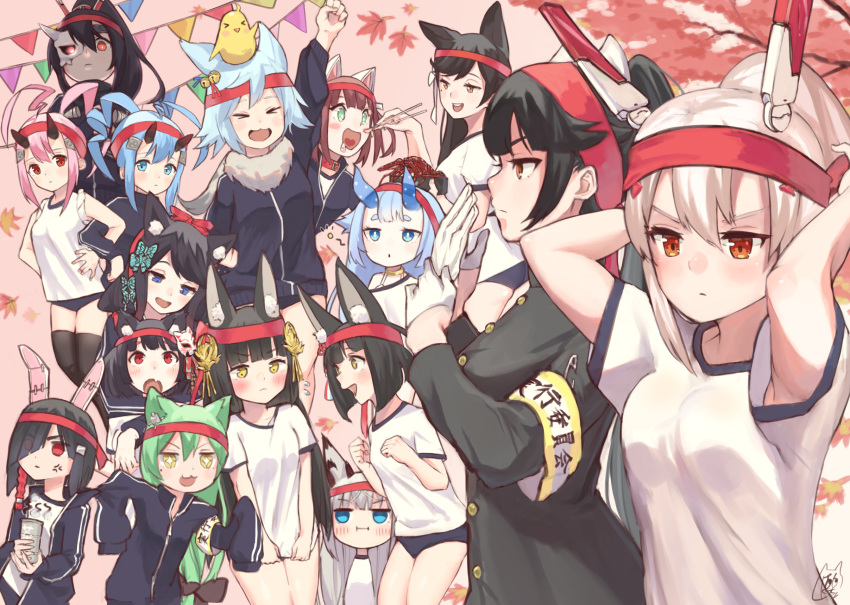 &gt;o&lt; +_+ 6+girls akashi_(azur_lane) akatsuki_(azur_lane) alternate_costume animal_ear_fluff animal_ears atago_(azur_lane) autumn_leaves ayanami_(azur_lane) azur_lane black_hair black_legwear black_shirt blue_eyes blue_jacket blush breasts brown_hair bunny_ears buruma cat_ears choker chopsticks fake_animal_ears feeding fubuki_(azur_lane) fur-trimmed_jacket fur_trim fusou_(azur_lane) gakuran gloves green_eyes green_hair grey_hair gym_uniform hair_between_eyes hair_over_one_eye half_gloves headband headgear highres horns i-13_(azur_lane) ikazuchi_(azur_lane) inazuma_(azur_lane) jacket kawakaze_(azur_lane) light_brown_hair long_hair long_sleeves looking_at_viewer manjuu_(azur_lane) mashiro_kta mask_over_one_eye medium_breasts multiple_girls mutsu_(azur_lane) nagato_(azur_lane) oni_horns pink_background pink_hair ponytail red_choker red_eyes red_headband school_uniform shiranui_(azur_lane) shiratsuyu_(azur_lane) shirt short_hair short_sleeves signature simple_background sleeveless sleeveless_shirt takao_(azur_lane) thighhighs white_gloves white_shirt yamashiro_(azur_lane) yellow_eyes