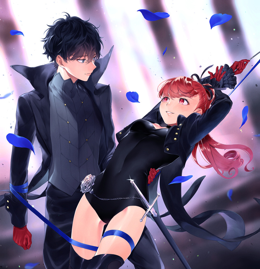 1boy 1girl absurdres amamiya_ren black_hair blue_petals chain coattails eyebrows_visible_through_hair flower glint gloves hair_between_eyes highres holding_another jacket kneehighs leaning_back leotard looking_at_another messy_hair open_clothes open_jacket persona persona_5 petals pollitobr ponytail red_gloves red_hair ribbon saber_(weapon) sheath sheathed smile sword trench_coat weapon yoshizawa_kasumi