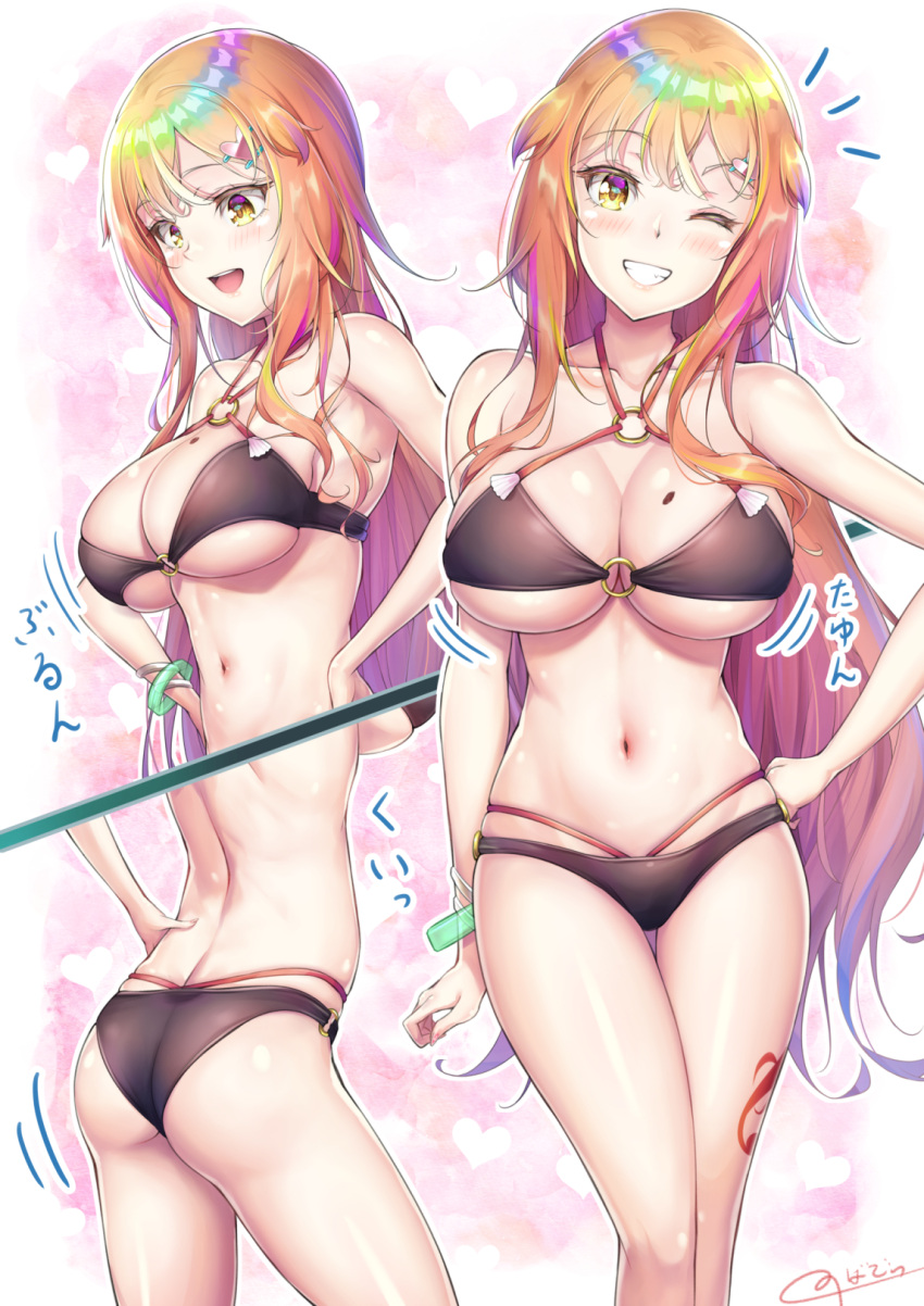 1girl bikini black_bikini blush breasts cleavage hair_ornament hairclip heart heart_hair_ornament highres huge_breasts large_breasts long_hair looking_at_viewer natsusora_aona navel nobady o-ring o-ring_bikini open_mouth orange_hair original smile swimsuit swimwear thigh_tattoo thighs