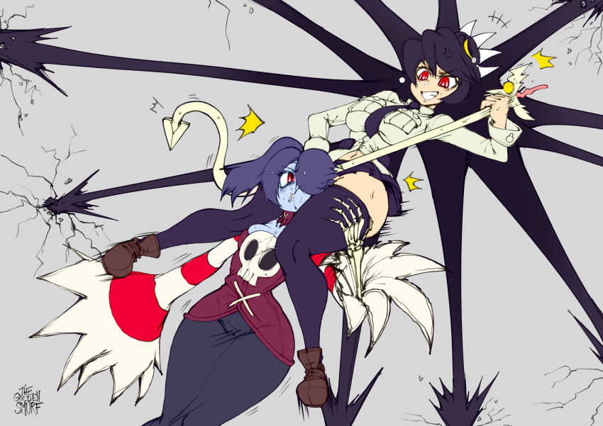 2girls battle black_legwear black_neckwear black_skirt blue_hair blue_skin breasts brown_footwear closed_eyes colored_sclera colored_skin corset fighting filia_(skullgirls) flat_color futakuchi-onna grey_background hair_over_one_eye head_between_thighs highres large_breasts leviathan_(skullgirls) long_hair multiple_girls necktie neckwear one-eyed red_eyes samson_(skullgirls) school_uniform sharp_teeth shirt shoes skeletal_hand skirt skullgirls smile squigly_(skullgirls) stitched_mouth stitches striped striped_sleeves teeth the_golden_smurf thighhighs thighs tongue tongue_grab tongue_out twitter_username white_shirt work_in_progress yellow_sclera zombie