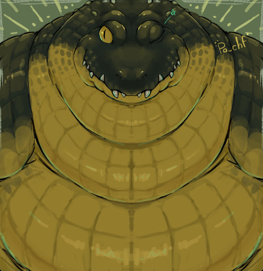 alligator alligatorid anthro belly big_belly crocodilian dewlap_(anatomy) double_chin green_body green_scales hi_res male morbidly_obese morbidly_obese_anthro morbidly_obese_male nude obese obese_anthro obese_male one_eye_closed overweight overweight_anthro overweight_male po_chf pupils reptile scales scalie slit_pupils smile solo teeth wink