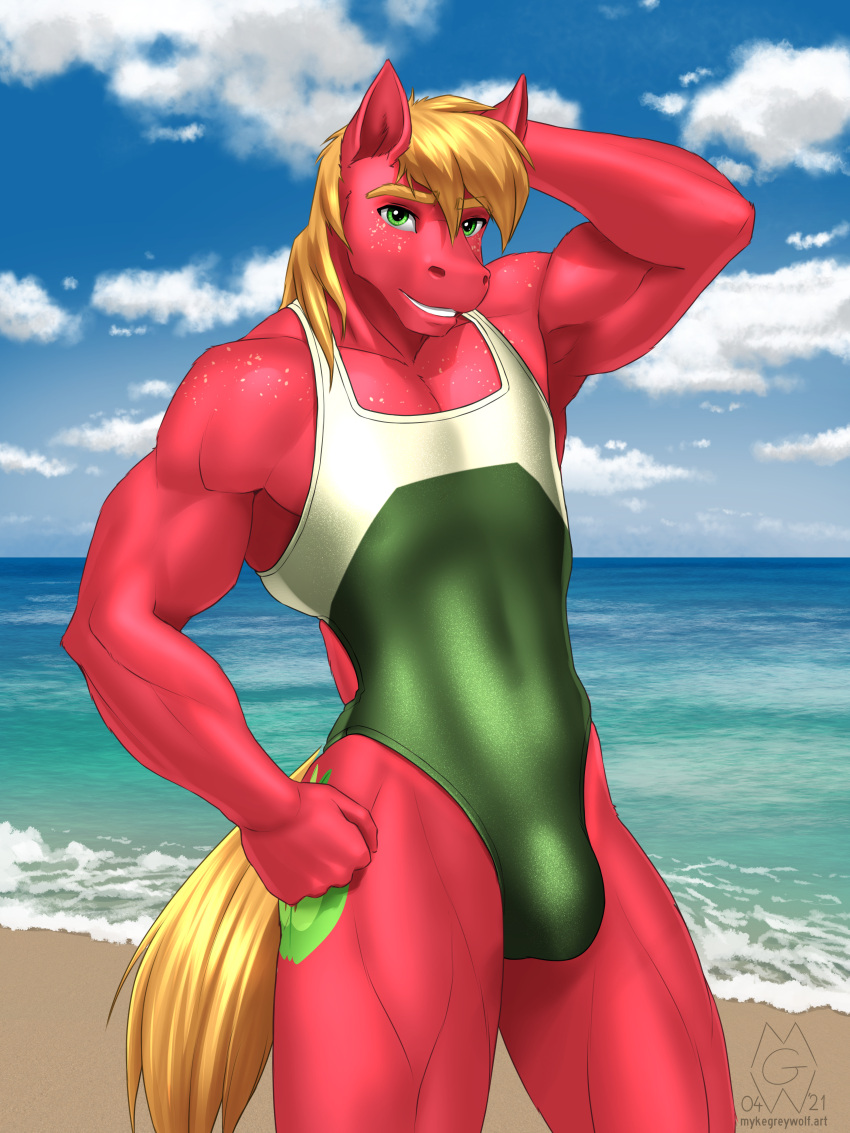 2021 3:4 absurd_res anthro beach big_macintosh_(mlp) bulge clothing cutie_mark earth_pony equid equine freckles friendship_is_magic hasbro hi_res horse male mammal muscular muscular_anthro muscular_male my_little_pony mykegreywolf one-piece_swimsuit pony red_body sand sea seaside solo swimwear water