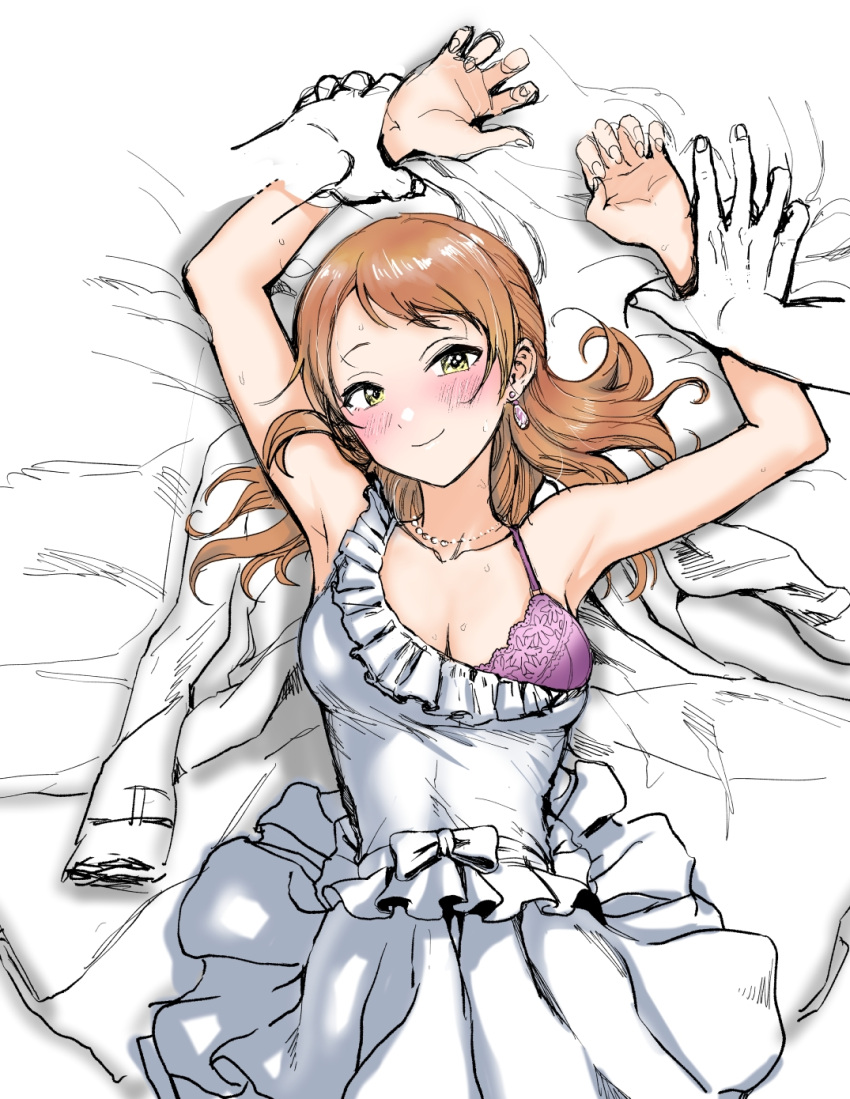 1boy 1girl armpits arms_up asteria_(driftingprhp) bare_shoulders bed_sheet blush bra bra_peek breasts brown_hair cleavage closed_mouth collarbone dress earrings frilled_dress frills hands highres holding_another's_arm houjou_karen idolmaster idolmaster_cinderella_girls jacket jewelry lace-trimmed_bra lace_trim looking_at_viewer lying medium_breasts necklace on_back partially_colored pleated_skirt pov purple_bra ribbon_trim sash sketch skirt smile sweat sweatdrop taut_clothes taut_dress underwear white_dress