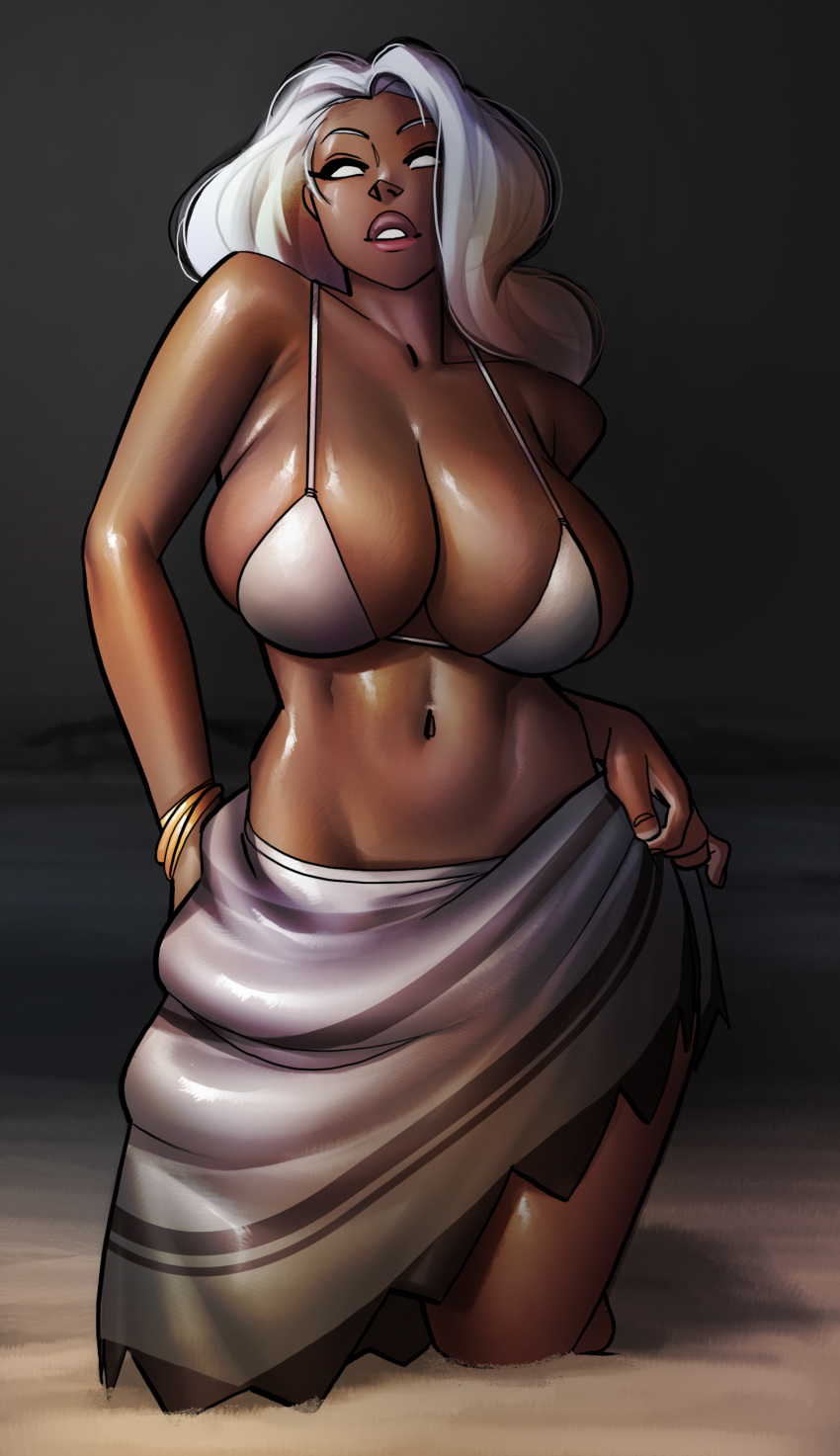 1girl absurdres alternate_breast_size beach breasts dark_skin dark_skinned_female full_body highres huge_breasts kneeling long_hair looking_at_viewer navel night no_pupils ocean ph_draw sarong silver_bikini solid_eyes solo spaghetti_strap stomach storm_(x-men) strap_gap very_dark_skin white_eyes white_hair x-men